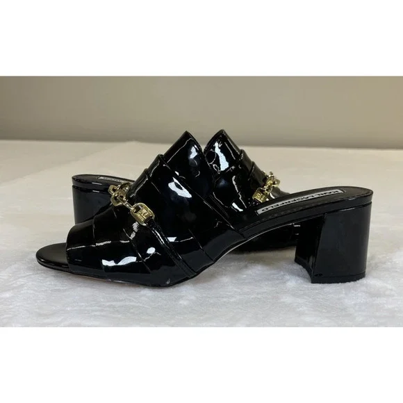 2pr Karl Lagerfeld Paris Mules Haley Patent Leather Black/Nude Chain Link Sz 10 - Picture 12 of 16